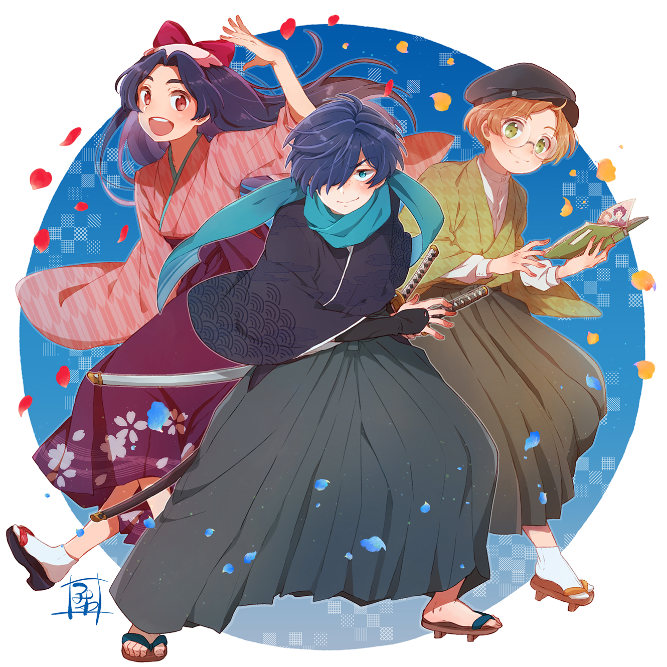 aoya (ayoyame18), azuma sara, jinnai enta, kuji toi, yasaka kazuki, sarazanmai, highres, 3boys, azuma sara (cosplay), black hat, blue scarf, book, cosplay, crossdressing, crossdressing (mtf), drawing sword, freckles, full body, glasses, hair over one eye, hakama, hat, holding, holding book, holding sword, holding weapon, japanese clothes, kimono, looking at viewer, male focus, multiple boys, open mouth, petals, pink kimono, purple hair, red eyes, round eyewear, scarf, short hair, shosei, smile, sword, weapon, wide sleeves