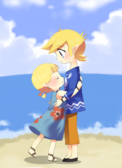 aryll, link, toon link, nintendo, the legend of zelda, the legend of zelda: the wind waker, 1boy, 1girl, beach, blonde hair, blue eyes, brother and sister, hetero, hug, ocean, pointy ears, profile, sandals, siblings, smile, twintails