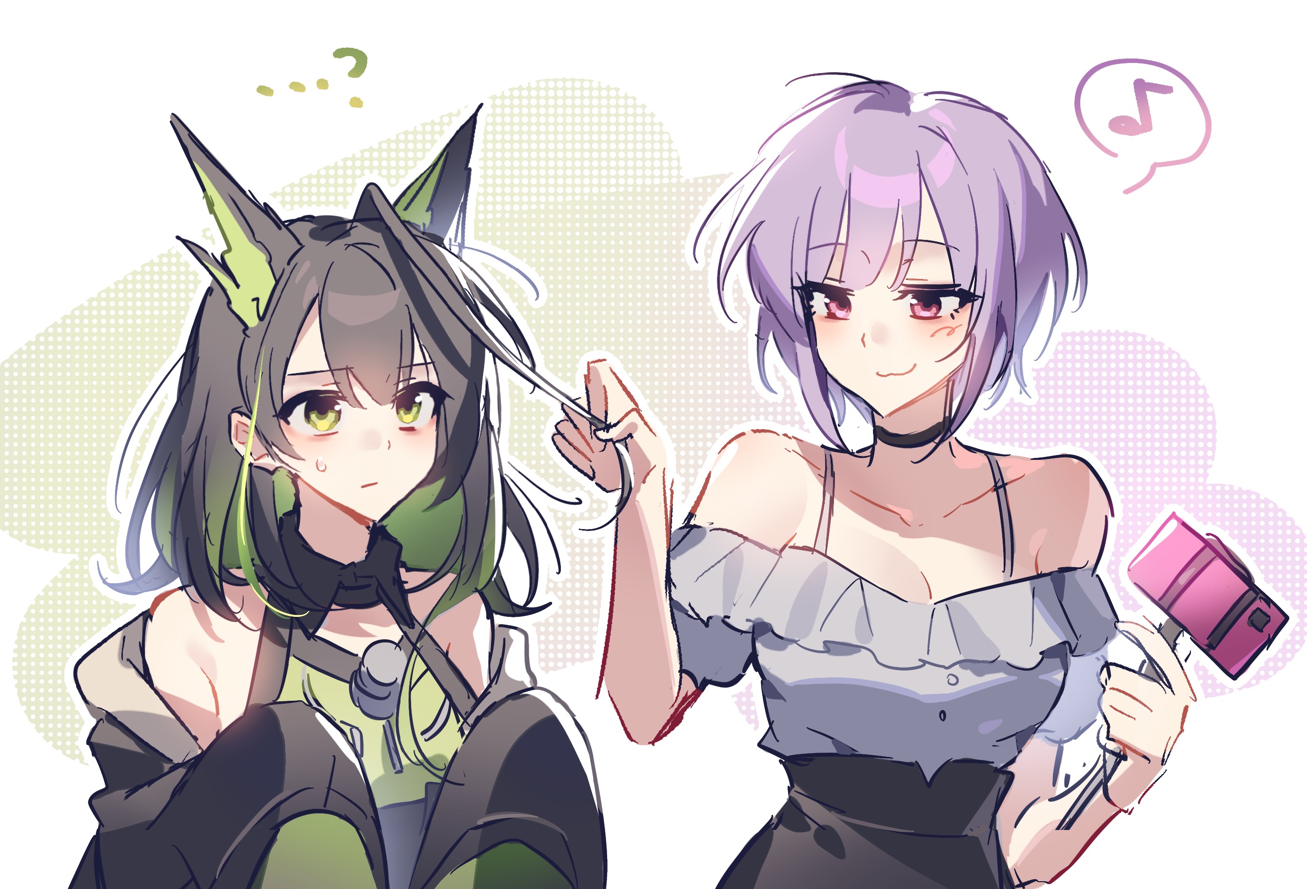 mon3tr (arknights), yuutenji nyamu, arknights, bang dream!, bang dream! it's mygo!!!!!, chinese commentary, commentary request, highres, …?, 2girls, ahoge, bare shoulders, black choker, black hair, black jacket, blush, breasts, cellphone, choker, cleavage, closed mouth, collarbone, colored inner hair, eighth note, green eyes, green hair, green shirt, grey shirt, guan zhuang zhen ye lin, holding, holding another's hair, huge ahoge, jacket, medium breasts, medium hair, multicolored hair, multiple girls, musical note, off shoulder, phone, pink eyes, purple hair, selfie stick, shirt, short hair, short sleeves, sleeveless, sleeveless shirt, smartphone, smile, smug, spoken musical note, sweatdrop, upper body
