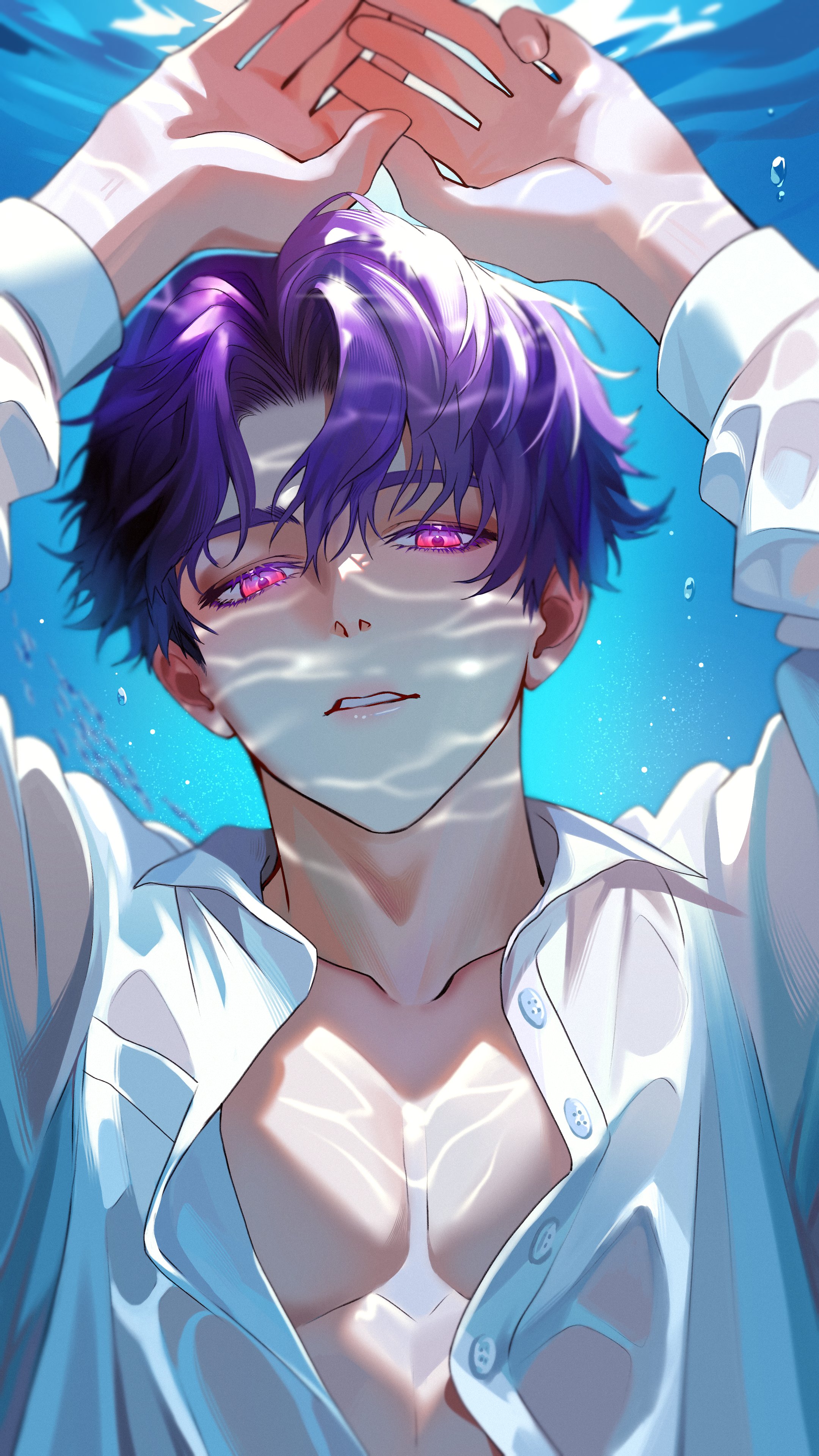 merururuu, rafayel (love and deepspace), love and deepspace, absurdres, commentary, commentary request, highres, 1boy, air bubble, arms up, bare pectorals, bubble, buttons, collarbone, colored eyelashes, long sleeves, looking at viewer, male focus, open clothes, open shirt, parted lips, pectorals, pink eyes, purple hair, school of fish, shirt, short hair, solo, underwater, upper body, white shirt