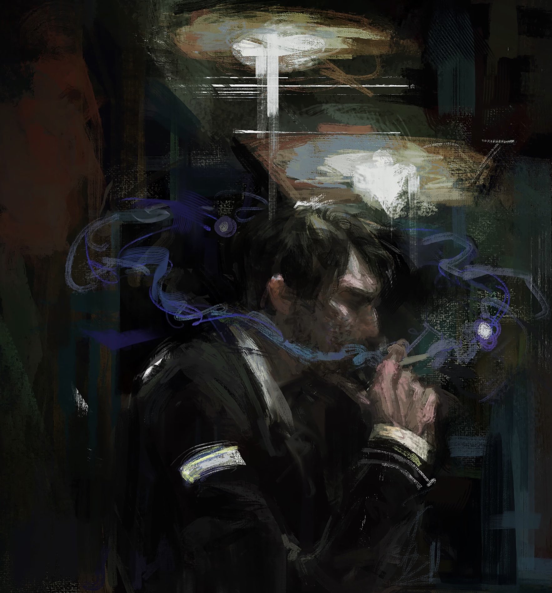 slaughtersafe, jean vicquemare, disco elysium, commentary, english commentary, highres, 1boy, beard, black hair, black suit, cigarette, facial hair, formal clothes, from side, hand up, holding, holding cigarette, male focus, painterly, shirt, short hair, smoke, smoke trail, smoking, solo, suit, upper body, white shirt