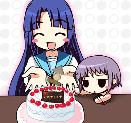 asakura ryoko, nagato yuki, suzumiya haruhi no yuuutsu, silver hair, lowres, non-web source, 00s, baby, blue eyes, cake, chibi, closed eyes, food, long hair, oden, pastry, short hair