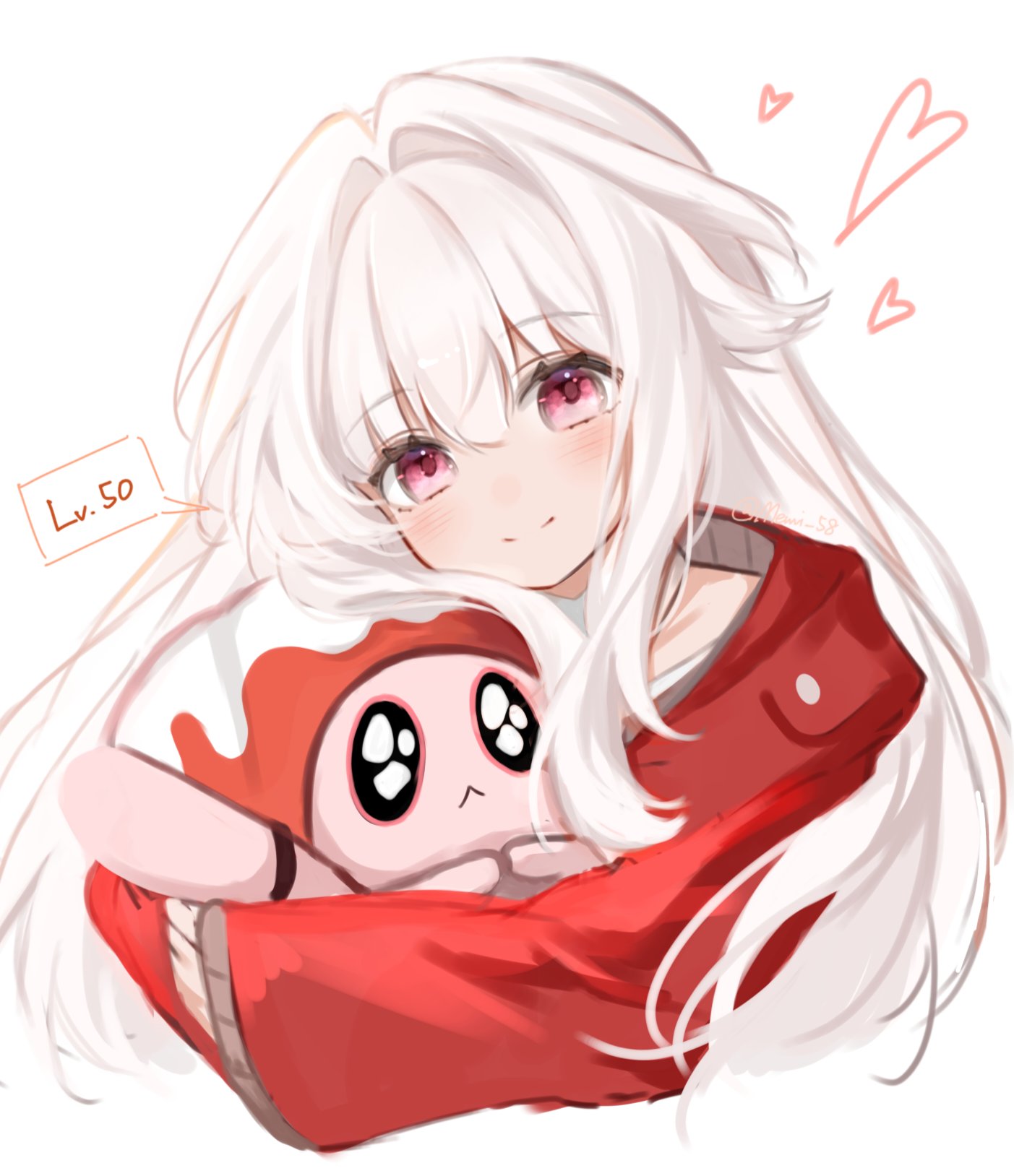 memi 58, clara (honkai: star rail), honkai: star rail, honkai (series), highres, 1girl, cat tail, clara (pure sugar child) (honkai: star rail), hair between eyes, heart, hug, jacket, light blush, long hair, pink eyes, red jacket, smile, sparkling eyes, tail, white background, white hair