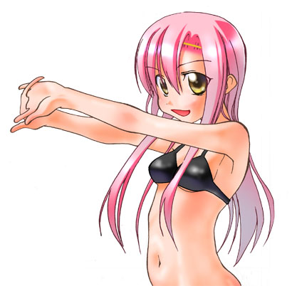 katsura hinagiku, hayate no gotoku!, lowres, non-web source, 00s, bikini, black bikini, long hair, pink hair, stretching, swimsuit, yellow eyes