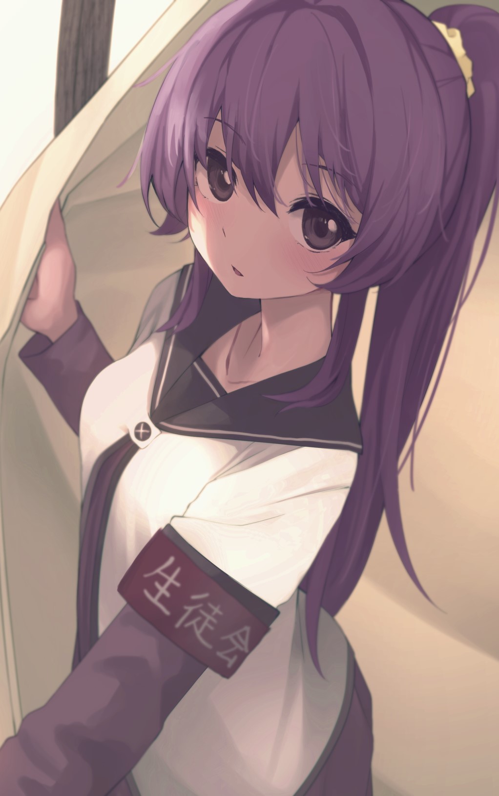 tennosuke (tejons), sugiura ayano, yuruyuri, commentary request, highres, 1girl, armband, blush, breasts, brown sailor collar, buttons, collarbone, curtain grab, curtains, dress, hair ornament, hair scrunchie, hand up, indoors, layered sleeves, long hair, long sleeves, looking at viewer, medium breasts, nanamori school uniform, parted lips, pleated dress, ponytail, purple dress, purple eyes, purple hair, red armband, sailor collar, sailor shirt, school uniform, scrunchie, shadow, shirt, short over long sleeves, short sleeves, solo, white shirt, yellow scrunchie