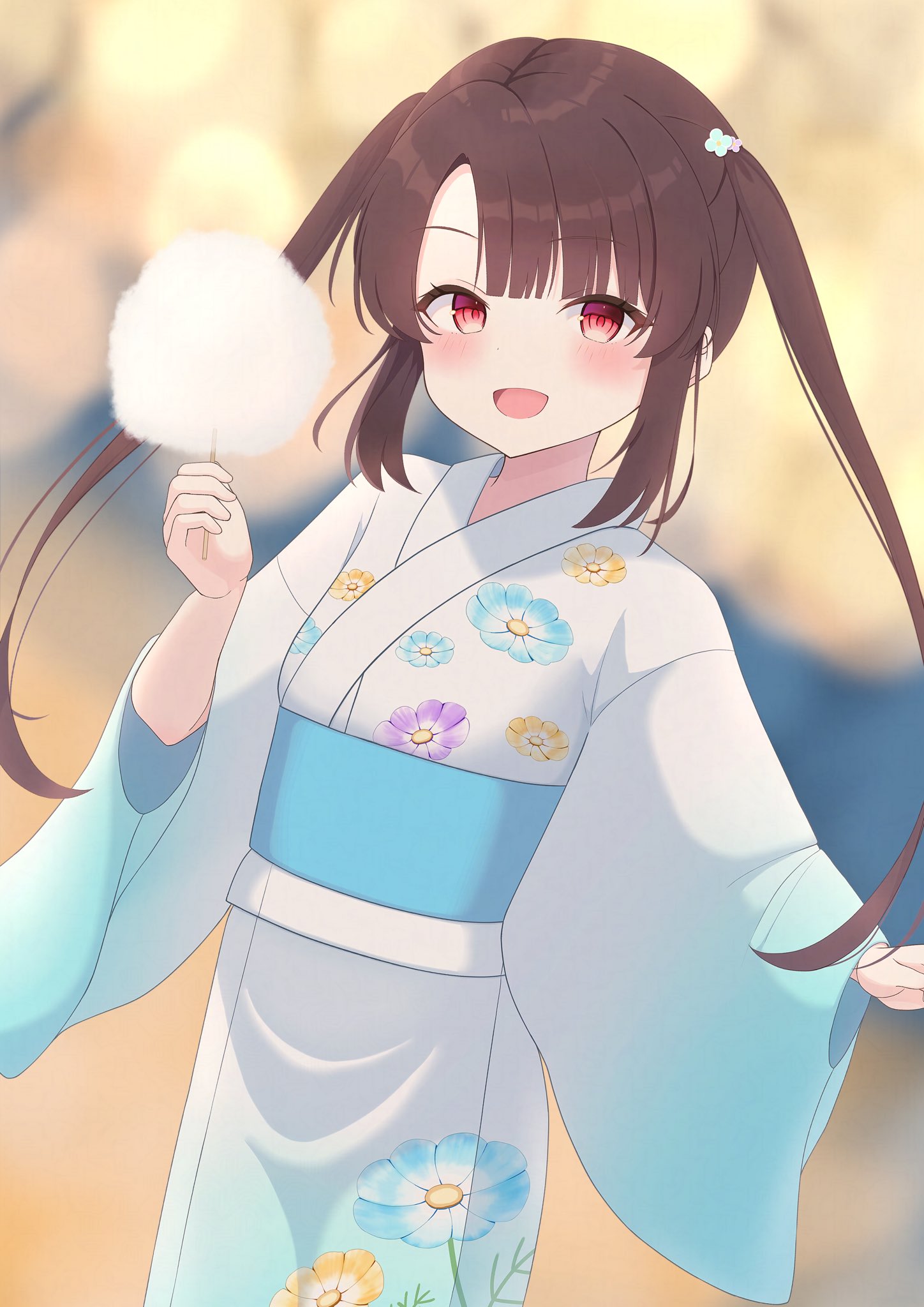 shinonome tsumugi (ongeki), ongeki, commission, highres, skeb commission, 1girl, :d, blurry, blurry background, blush, brown hair, cotton candy, depth of field, floral print, flower, food, hair flower, hair ornament, holding, holding food, japanese clothes, kimono, long hair, long sleeves, looking at viewer, obi, open mouth, print kimono, red eyes, sash, shiso (aliceoekaki), smile, solo, twintails, wide sleeves, yukata