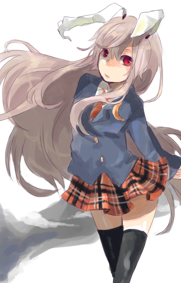 usagiho, reisen udongein inaba, touhou, bad id, bad pixiv id, 1girl, animal ears, blazer, female focus, jacket, long hair, pink hair, plaid clothes, plaid skirt, rabbit ears, red eyes, skirt, solo, thighhighs, white background, zettai ryouiki