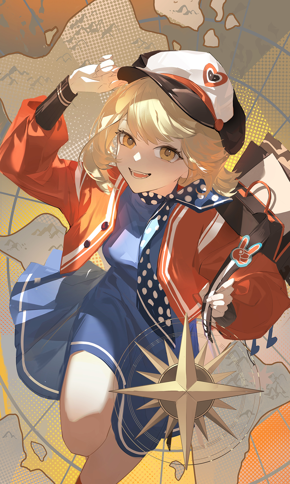 chanc030, regulus (reverse:1999), reverse:1999, highres, 1girl, :d, backpack, bag, blue dress, blue neckerchief, brown hair, compass rose, dress, hand on headwear, hand up, hat, holding strap, jacket, leg up, looking at viewer, map, map background, neckerchief, newsboy cap, open bag, open clothes, open jacket, open mouth, orange eyes, polka dot neckerchief, red jacket, short dress, short hair, smile, solo, standing, standing on one leg, teeth