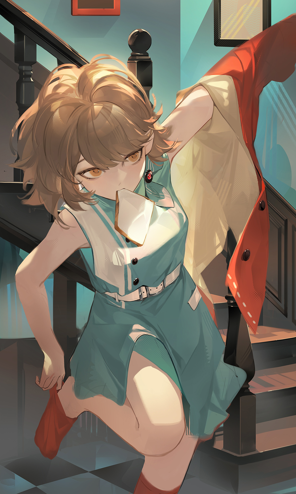 chanc030, regulus (reverse:1999), reverse:1999, highres, 1girl, adjusting sock, aqua dress, arm out of sleeve, bare arms, bread, bread slice, brown hair, dress, dressing, food, food in mouth, indoors, jacket, looking to the side, mouth hold, orange eyes, picture frame, red jacket, red socks, short dress, short hair, sleeveless, sleeveless dress, socks, solo, stairs, standing, standing on one leg, toast, toast in mouth