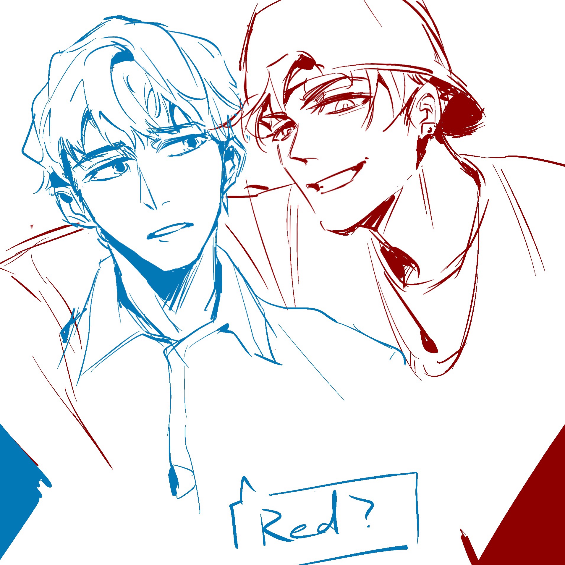 chinese commentary, commentary request, highres, 2boys, :d, animification, arm around shoulder, backwards hat, baseball cap, blue (dick figures), clenched teeth, collared shirt, dick figures, grin, hat, jewelry, looking at another, looking at viewer, male focus, multiple boys, necklace, open mouth, partially colored, red (dick figures), rykyky, shirt, short hair, short sleeves, simple background, smile, speech bubble, teeth, upper body, v-shaped eyebrows, very short hair, white background