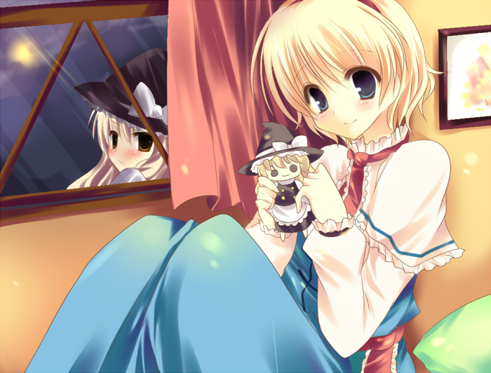 kinoko (hkn), alice margatroid, kirisame marisa, touhou, bad id, bad pixiv id, 2girls, blonde hair, blue eyes, doll, female focus, hat, indoors, multiple girls, outdoors, short hair, sky, window