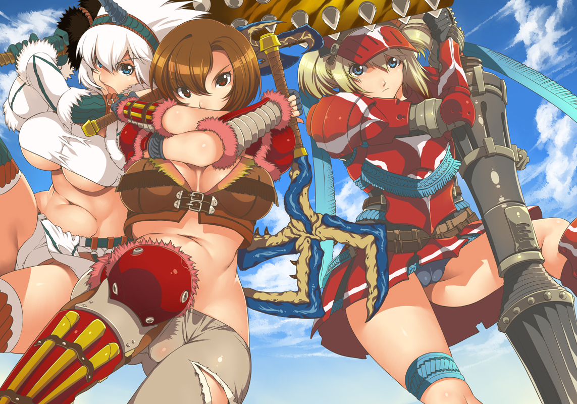 mizuryu kei, capcom, monster hunter (series), fur, 3girls, armor, black panties, blonde hair, blue eyes, breasts, brown eyes, brown hair, cameltoe, cleavage, conga (armor), dual wielding, feathers, fingerless gloves, gloves, hairband, hermitaur (armor), holding, kirin (armor), lance, large breasts, long hair, midriff, multiple girls, navel, open mouth, panties, polearm, red hair, shirt, short hair, spear, taut clothes, taut shirt, thigh strap, thighhighs, torn clothes, underboob, underwear, weapon, white hair, white panties