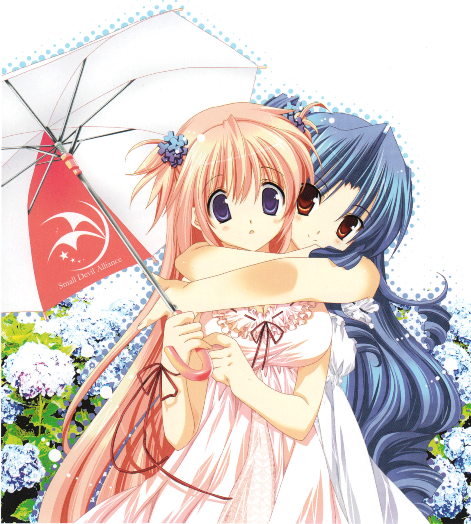 houjou reika, tsukimura mayu, goshuushou-sama ninomiya-kun, highres, 00s, 2girls, blue hair, brown eyes, dress, flower, hydrangea, multiple girls, pink hair, purple eyes, umbrella