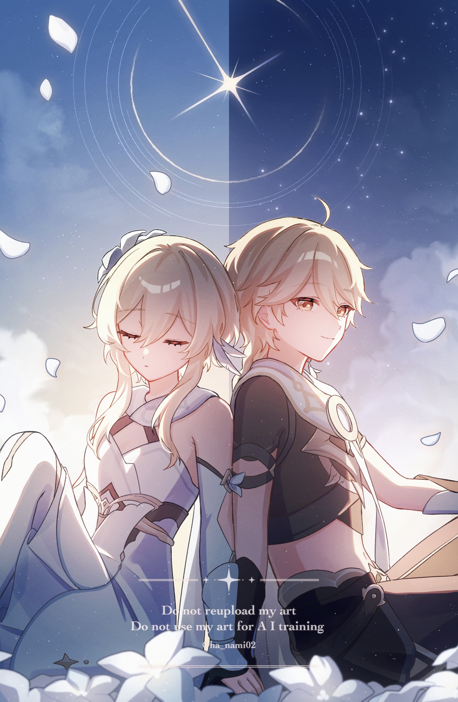 hana (nemukunai87), aether (genshin impact), lumine (genshin impact), genshin impact, chinese commentary, commentary request, highres, 1boy, 1girl, ahoge, back-to-back, bare shoulders, black gloves, blonde hair, blue trim, boots, braid, breasts, brother and sister, brown pants, brown shirt, closed mouth, cloud, cloudy sky, crop top, detached sleeves, dress, earrings, feather hair ornament, feathers, flower, gloves, hair between eyes, hair flower, hair ornament, jewelry, light smile, long hair, midriff, navel, pants, partially fingerless gloves, petals, scarf, shirt, short hair, short hair with long locks, short sleeves, siblings, sidelocks, single braid, single earring, sitting, sky, sleeping, sleeveless, sleeveless dress, small breasts, thigh boots, twins, twitter username, watermark, white boots, white dress, white flower, white scarf, yellow eyes
