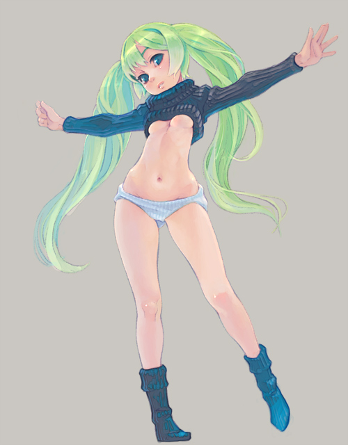 weno, original, 1girl, boots, breasts, female focus, green hair, long hair, panties, simple background, small breasts, socks, solo, sweater, twintails, underboob, underwear