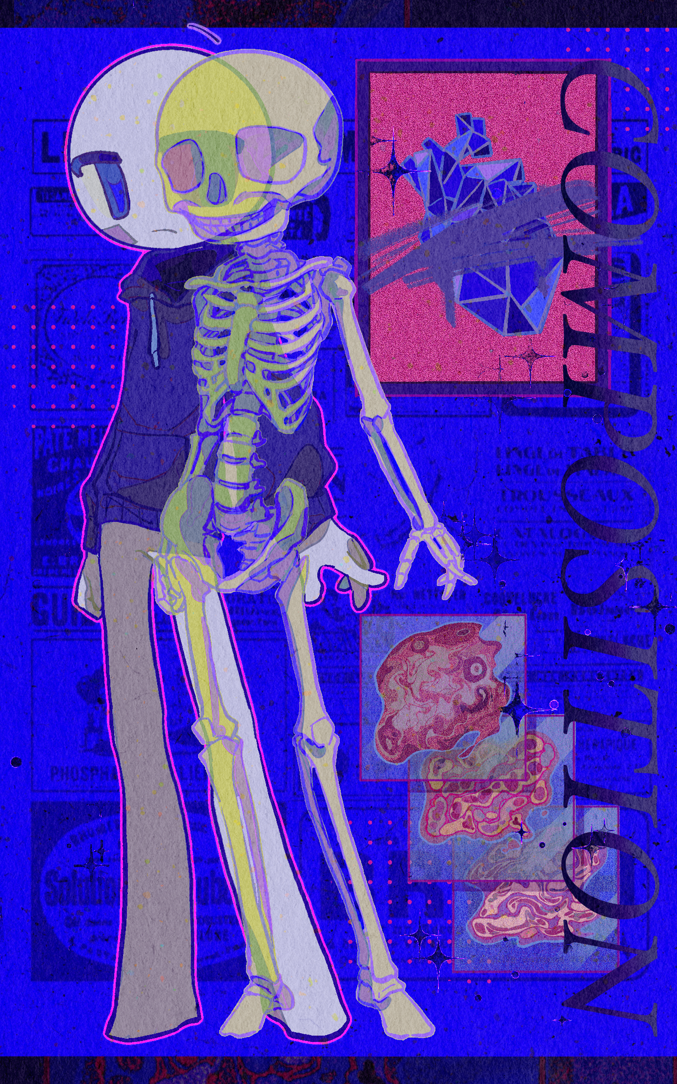 muchuizzzzz, henry stickmin, henry stickmin (series), chinese commentary, commentary request, highres, 1boy, arms at sides, bald, blue background, blue eyes, blue hoodie, closed mouth, colored skin, drawstring, fewer digits, film grain, frown, full body, grey pants, hood, hood down, hoodie, letterboxed, looking at viewer, male focus, no nose, outline, pants, pink outline, pocket, simple background, skeleton, solo, sparkle, standing, white skin