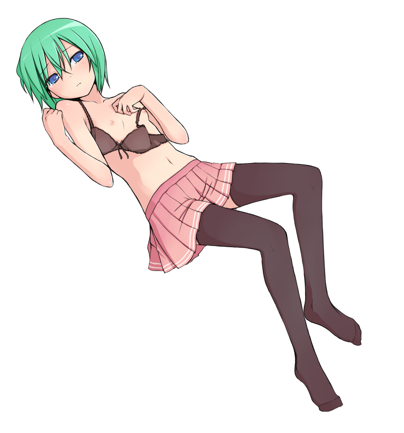 nnyu, iwasaki minami, lucky star, bad id, bad pixiv id, 00s, 1girl, black thighhighs, blue eyes, bra, feet, female focus, flat chest, green hair, lingerie, lying, nipples, short hair, skirt, solo, tears, thighhighs, underwear, undressing
