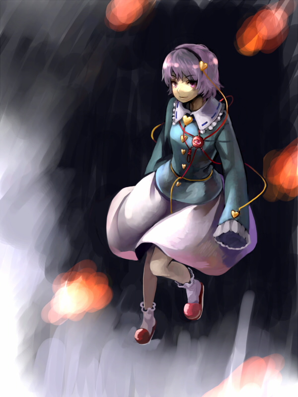 mugishima orie, hong meiling, komeiji satori, touhou, 1girl, bobby socks, female focus, full body, hairband, heart, long sleeves, looking at viewer, pink eyes, pink hair, pink skirt, shoes, skirt, sleeves past wrists, socks, solo, third eye, white socks