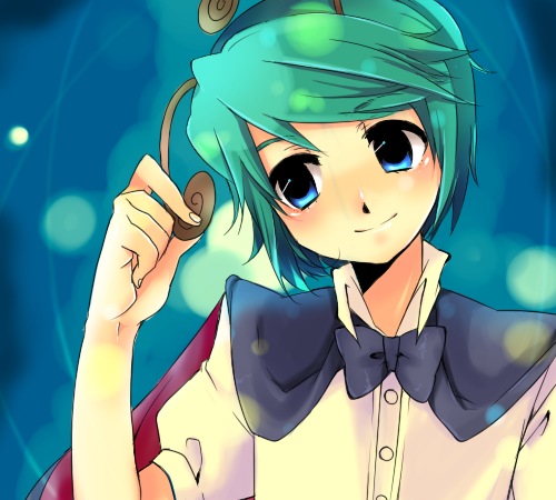 chigo, wriggle nightbug, touhou, lowres, 1girl, antennae, blue eyes, cape, female focus, green hair, solo