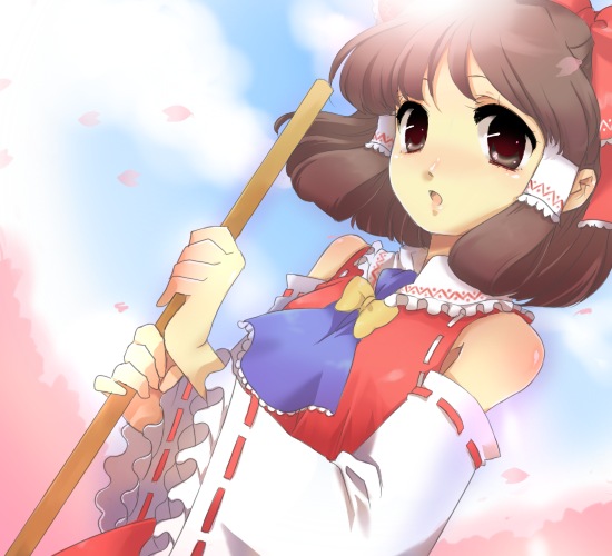 chigo, hakurei reimu, subterranean animism, touhou, 1girl, :o, blue sky, blush, bow, broom, brown hair, day, female focus, hair bow, hair tubes, holding, looking at viewer, looking back, outdoors, parted lips, red eyes, ribbon-trimmed sleeves, ribbon trim, short hair, sky, solo, tareme