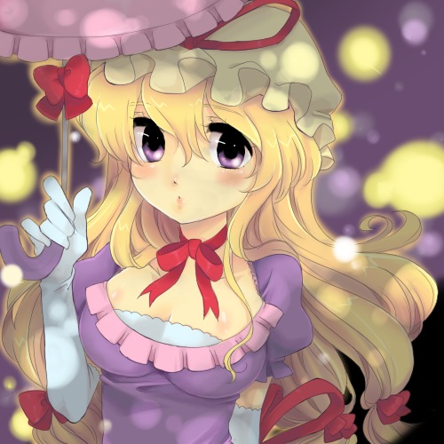 chigo, yakumo yukari, touhou, lowres, 1girl, breasts, elbow gloves, female focus, gloves, hat, solo, upper body