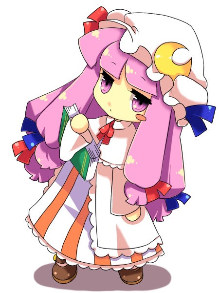 chigo, patchouli knowledge, touhou, 1girl, blush stickers, book, chibi, crescent moon, female focus, full body, hat, moon, purple eyes, purple hair, shoes, simple background, solo, standing, white background