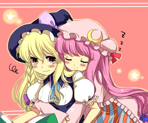 chigo, kirisame marisa, patchouli knowledge, touhou, 2girls, blush, breasts, female focus, hat, hug, multiple girls, sleeping
