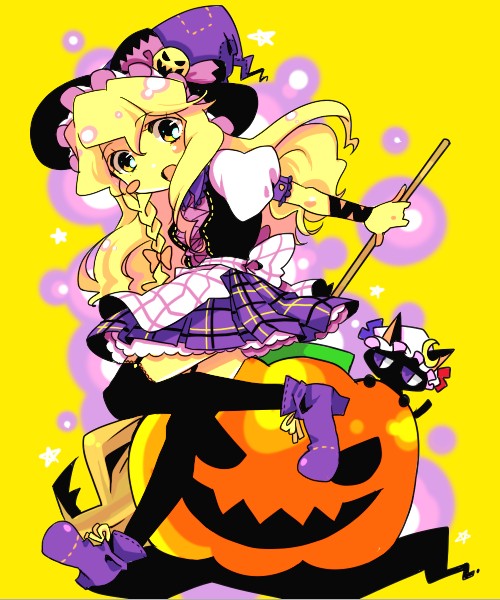 chigo, kirisame marisa, patchouli knowledge, touhou, 1girl, blonde hair, cat, female focus, halloween, jack-o'-lantern, plaid clothes, plaid skirt, pumpkin, skirt, solo, yellow background