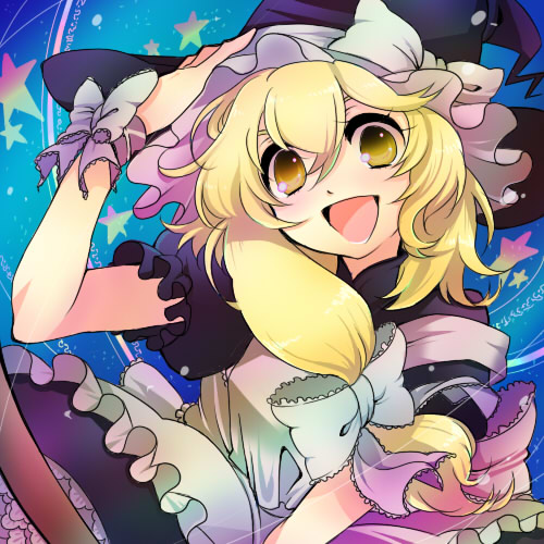 chigo, kirisame marisa, touhou, lowres, 1girl, :d, apron, black hat, black shirt, black skirt, blonde hair, blue background, bow, female focus, frilled apron, frills, hair between eyes, hair bow, hand on headwear, hat, hat bow, hat ribbon, long hair, open mouth, puffy short sleeves, puffy sleeves, ribbon, shirt, short sleeves, skirt, smile, solo, star (symbol), strap slip, upper body, waist apron, white apron, white bow, white ribbon, witch hat, wrist cuffs, yellow eyes
