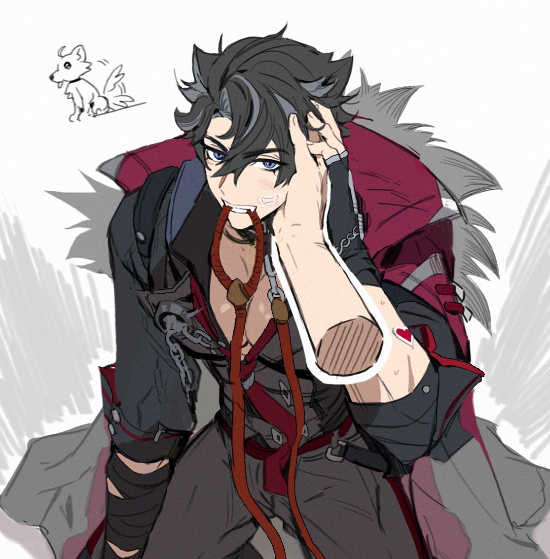 yoma 0 0, wriothesley (genshin impact), genshin impact, 1boy, black gloves, black hair, black jacket, black pants, blue eyes, disembodied hand, fingerless gloves, gloves, grin, hair between eyes, jacket, large pectorals, leash in mouth, long sleeves, looking at viewer, male focus, pants, pectoral cleavage, pectorals, short hair, simple background, smile, solo, solo focus, sticker, sticker on face, white background