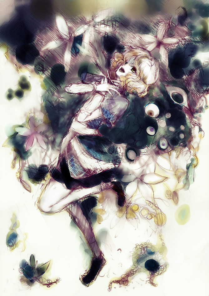 nokishita, mizuhashi parsee, touhou, 1girl, abstract, dress, female focus, from side, full body, leg up, looking at viewer, pointy ears, profile, red dress, short hair, solo, standing, standing on one leg
