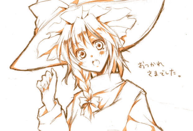 honokan, kirisame marisa, touhou, translated, 1girl, braid, female focus, hair ribbon, hat, monochrome, open mouth, orange theme, ribbon, short hair, solo, witch, witch hat