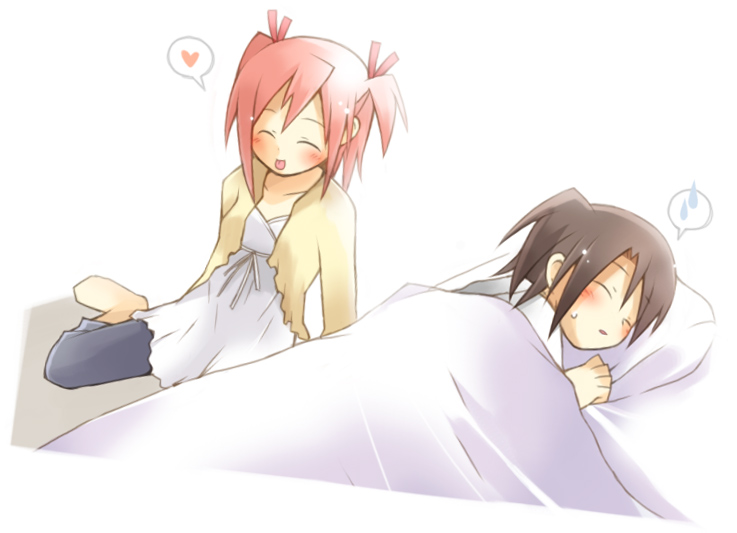 akashi yuuna, sasaki makie, mahou sensei negima!, 00s, 2girls, ^ ^, barefoot, blush, bow, brown hair, closed eyes, dress, hair bow, heart, jacket, multiple girls, pillow, pink hair, spoken heart, spoken sweatdrop, sweatdrop, twintails, under covers