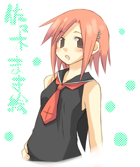 sasaki makie, mahou sensei negima!, translation request, 00s, 1girl, :o, blush, female focus, grey eyes, hair ornament, hairclip, hand on own hip, hip focus, necktie, open mouth, pink hair, school uniform, short hair, sleeveless, solo