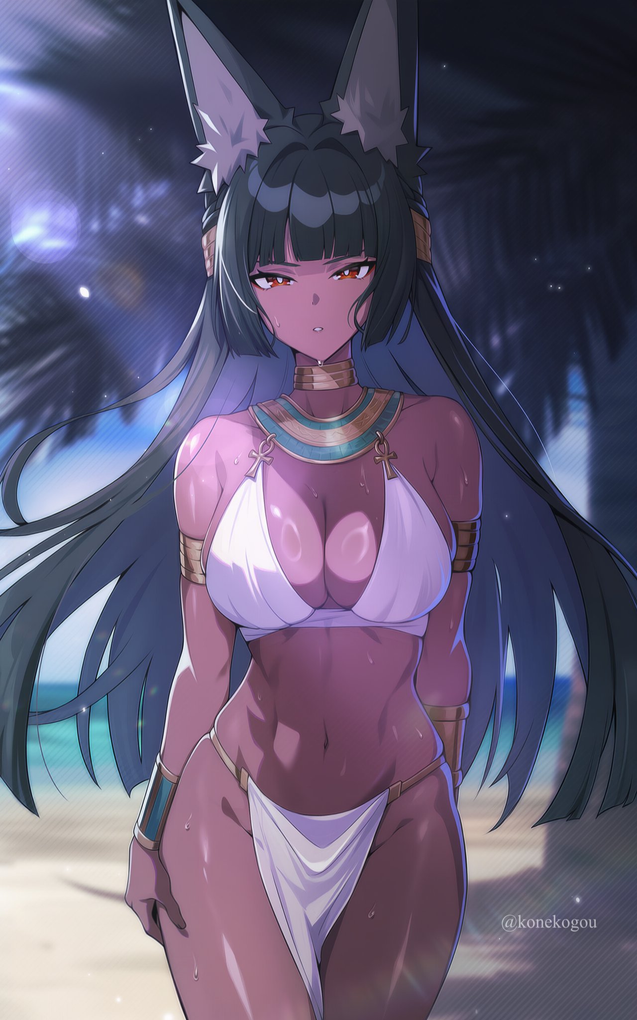hoshimi miyabi, zenless zone zero, highres, 1girl, alternate costume, alternate skin color, ancient egyptian, ancient egyptian clothes, animal ear fluff, animal ears, beach, black hair, blue sky, blurry, blurry foreground, breasts, cleavage, cloud, dark-skinned female, dark skin, day, fox ears, fox girl, konekogou, large breasts, long hair, looking at viewer, navel, ocean, outdoors, palm tree, pelvic curtain, red eyes, sky, solo, thighs, tree, twitter username