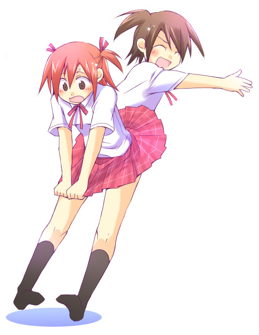 akashi yuuna, sasaki makie, mahou sensei negima!, 00s, 2girls, :d, ^ ^, black socks, brown hair, closed eyes, full body, kneehighs, loafers, multiple girls, open mouth, orange hair, pleated skirt, red skirt, shirt, shoes, short hair, simple background, skirt, smile, socks, standing, white background, white shirt