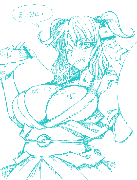 namidame, onozuka komachi, touhou, translated, 1girl, 2boys, aqua theme, blue theme, breasts, censored, cleavage, cum, cum in mouth, cum string, erection, fellatio, group sex, handjob, happy sex, hetero, huge breasts, monochrome, multiple boys, one eye closed, oral, penis, pointless censoring, sketch, solo focus, text focus, wink