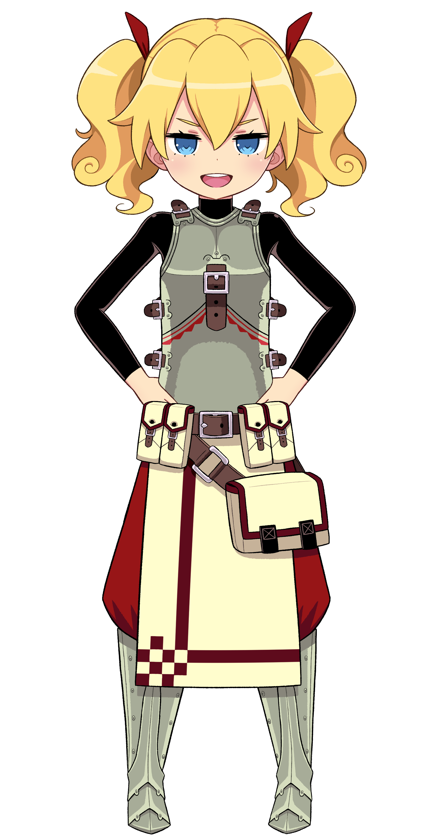ami (ammy33), fortress (sekaiju), fortress 2 (sekaiju), etrian odyssey, sekaiju no meikyuu, sekaiju no meikyuu 4, absurdres, commission, highres, pixiv commission, 1girl, :d, armor, belt pouch, blonde hair, blue eyes, full body, looking at viewer, medium hair, open mouth, pouch, smile, solo, standing, twintails