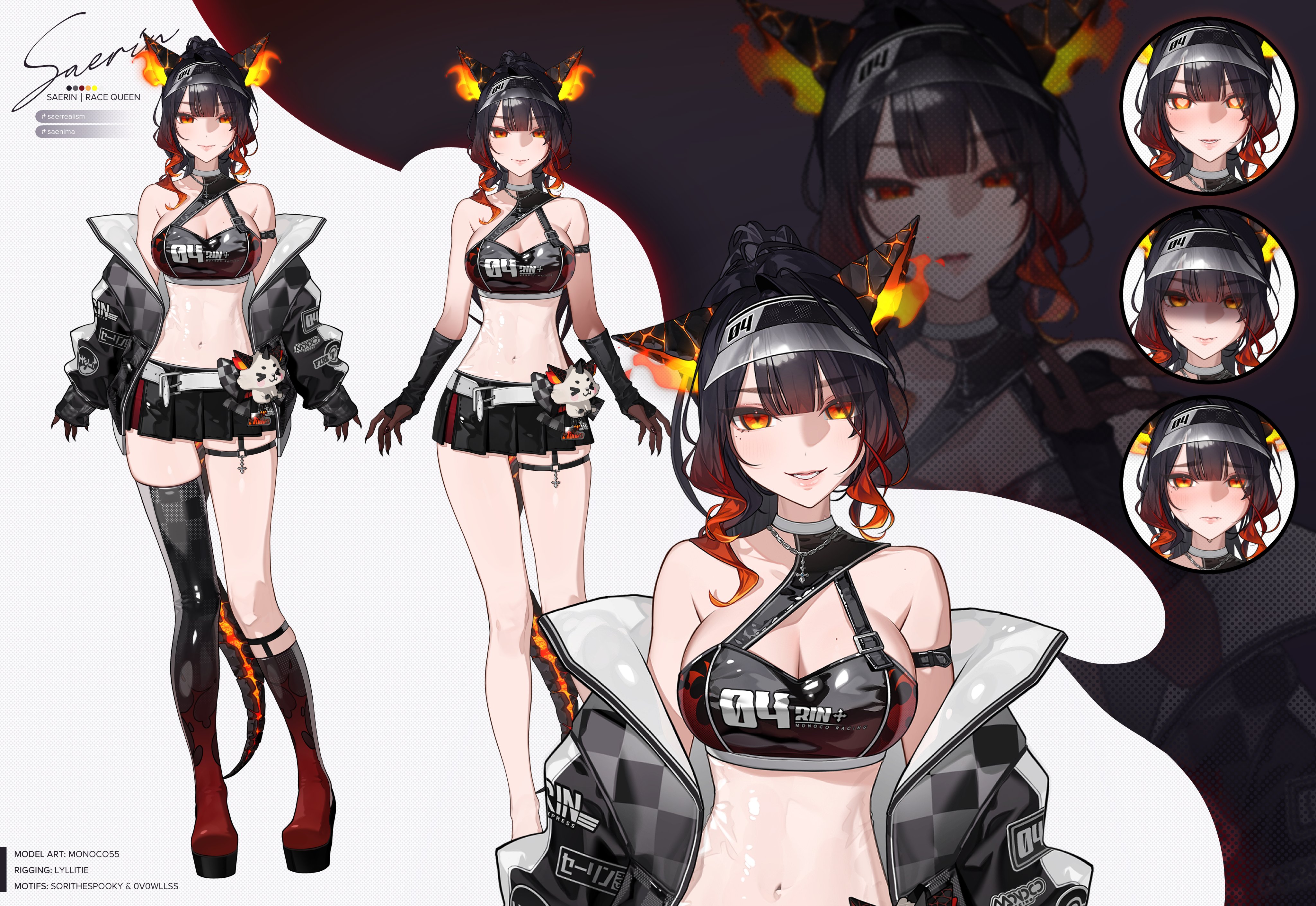 monoco55, indie virtual youtuber, absurdres, highres, 1girl, 4rin+, animal ears, artist name, asymmetrical legwear, belt, black gloves, black jacket, breasts, character name, cleavage, closed mouth, color guide, crop top, dog ears, eyes in shadow, fiery ears, gloves, gradient hair, heart, heart-shaped pupils, jacket, multicolored hair, multiple expressions, navel, off shoulder, open clothes, open jacket, orange eyes, orange hair, race queen, red eyes, reference sheet, signature, smile, stomach, symbol-shaped pupils, virtual youtuber, visor cap, white belt