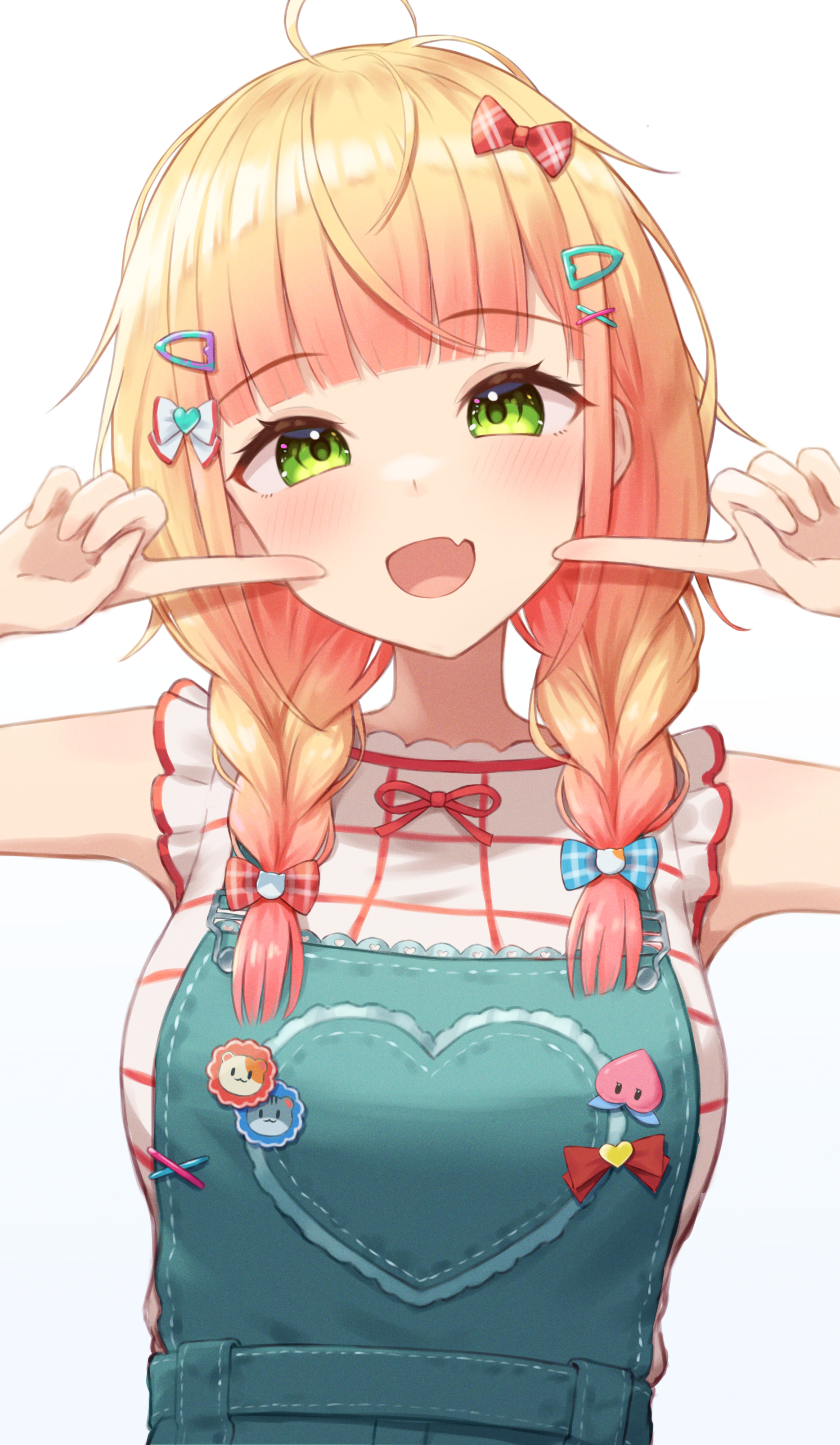 typho, momosuzu nene, momosuzu nene (7th costume), hololive, absurdres, commentary request, highres, 1girl, :d, ahoge, blonde hair, blue overalls, blunt bangs, blush, bow, braid, fang, fingers to cheeks, green eyes, hair bow, hair ornament, long hair, official alternate costume, open mouth, overalls, red bow, shirt, simple background, skin fang, sleeveless, sleeveless shirt, smile, solo, twin braids, upper body, virtual youtuber, white background, white shirt, x hair ornament