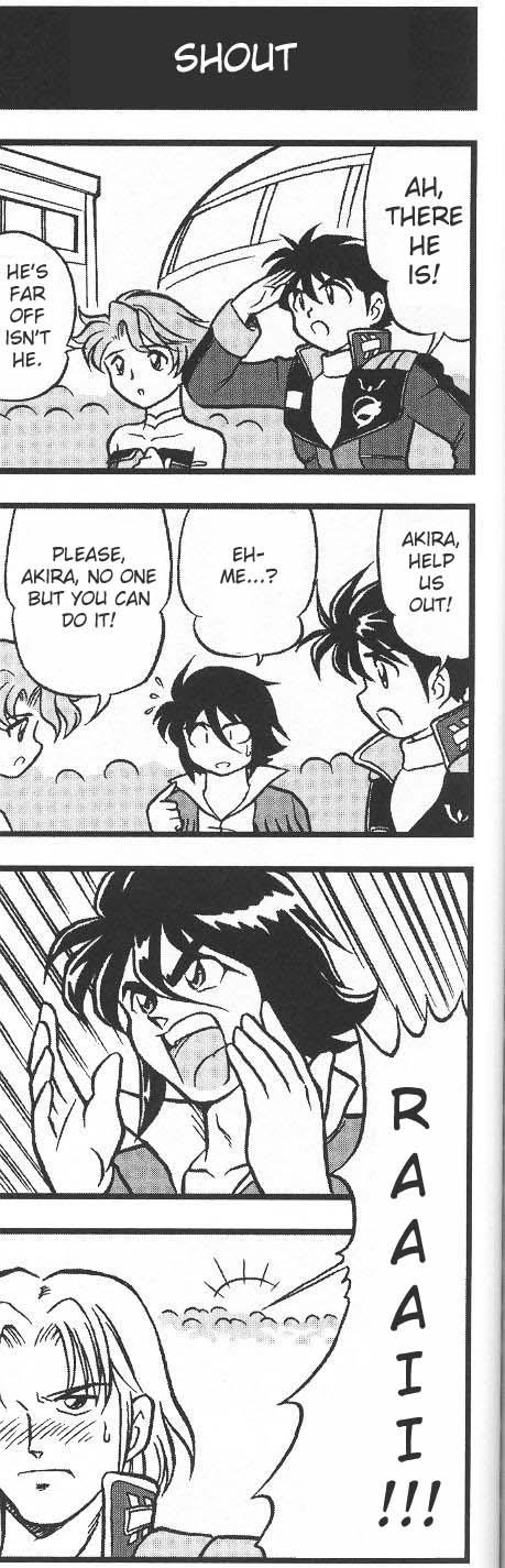 akira hibiki, aya kobayashi, hibiki akira, raidese f branstein, ryuusei date, banpresto, super robot wars, highres, long image, tall image, 1girl, 3boys, 4koma, blush, chibi, comic, english text, greyscale, monochrome, multiple boys