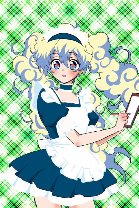 kinzou (2828), nia teppelin, tengen toppa gurren lagann, bad id, bad pixiv id, 00s, 1girl, :o, alternate hairstyle, apron, blue dress, blush, brown eyes, clipboard, cowboy shot, curtains, dress, female focus, looking at viewer, maid, maid apron, parted lips, solo, twintails, writing