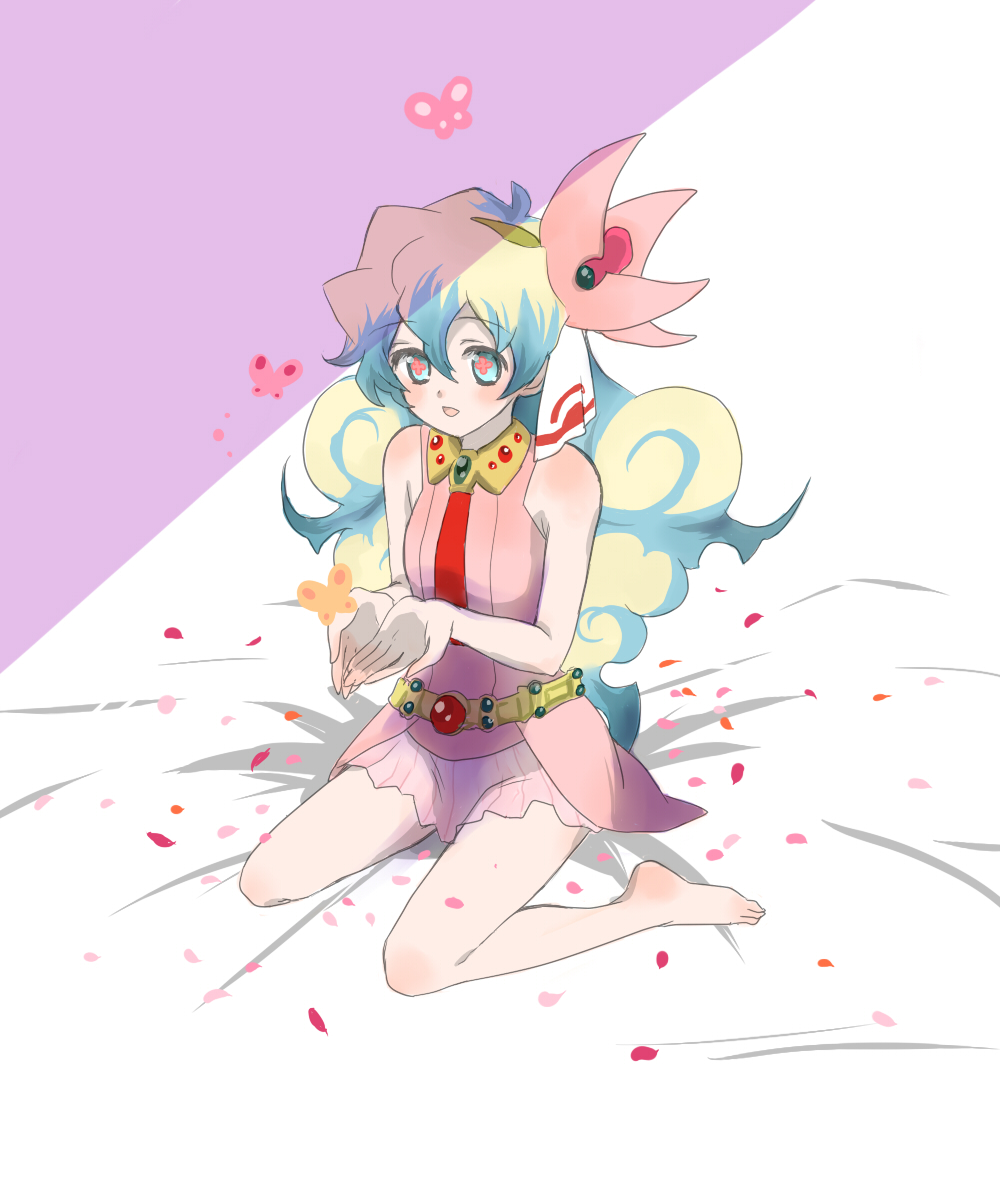kinzou (2828), nia teppelin, tengen toppa gurren lagann, bad id, bad pixiv id, highres, 00s, 1girl, barefoot, bug, butterfly, cupping hands, feet, female focus, insect, kneeling, long hair, own hands together, petals, sitting, solo, wariza