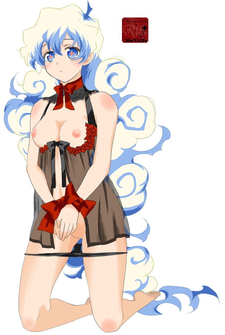 kinzou (2828), nia teppelin, tengen toppa gurren lagann, bad id, bad pixiv id, 00s, 1girl, babydoll, barefoot, bdsm, black panties, bondage, bound, breastless clothes, breasts, curly hair, female focus, kneeling, lace, lingerie, long hair, multicolored hair, nipples, panties, panty pull, pussy, ribbon, ribbon bondage, solo, transparent background, underwear
