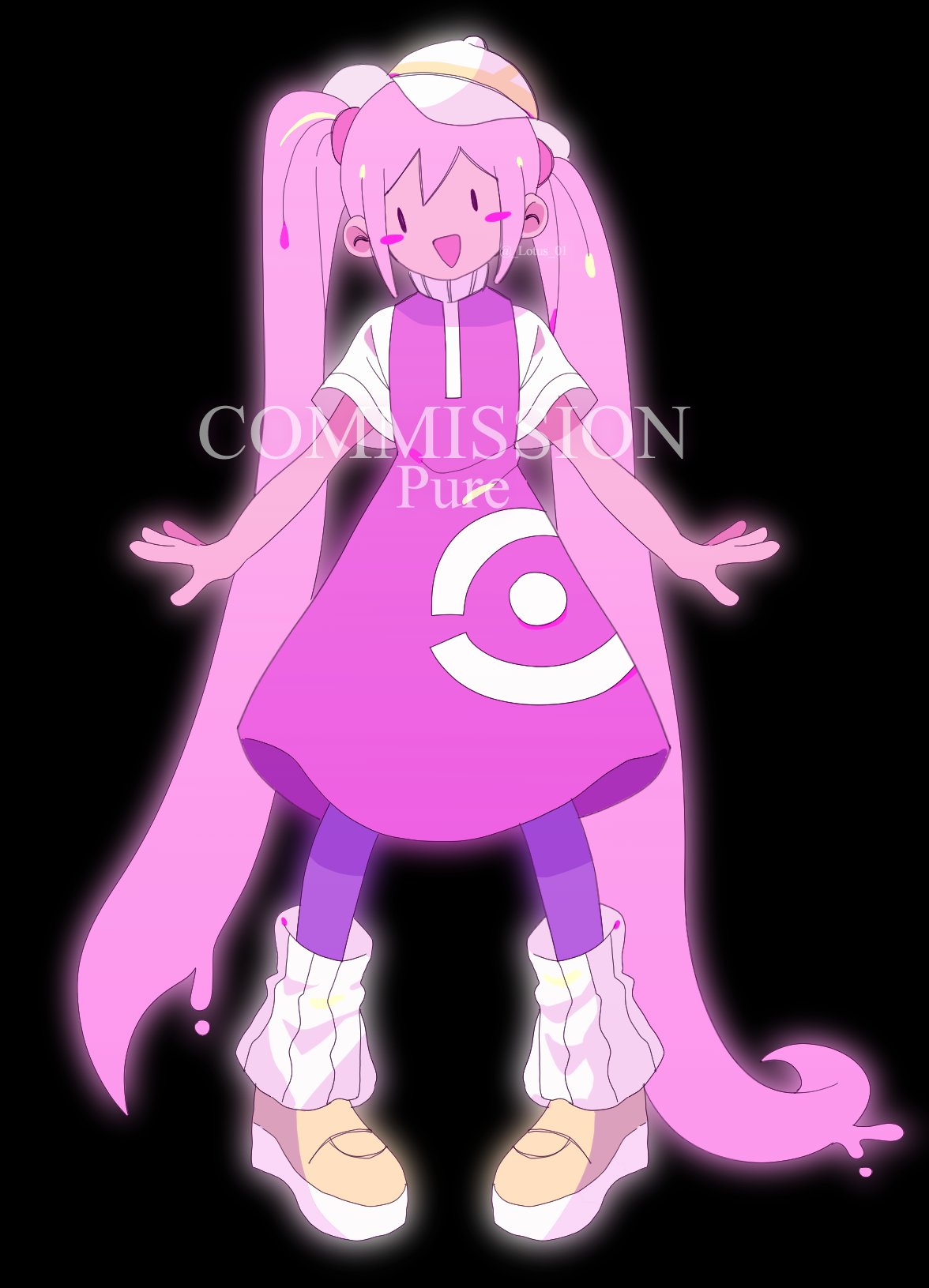 my loleeta, mutantheart (omori), omori, commission, hashtag-only commentary, highres, 1girl, :d, absurdly long hair, adapted costume, arms at sides, artist name, black background, black eyes, blush stickers, colored shoe soles, colored skin, dress, fewer digits, flat chest, full body, hair tie, hat, kneehighs, long hair, looking at viewer, loose socks, medium dress, open mouth, outline, pantyhose, pigeon-toed, pink dress, pink skin, purple pantyhose, ribbed socks, shirt, shoes, short sleeves, simple background, sleeveless, sleeveless dress, smile, socks, solid oval eyes, solo, standing, straight-on, twintails, twitter username, very long hair, watermark, white shirt, white socks, yellow hat, yellow shoes