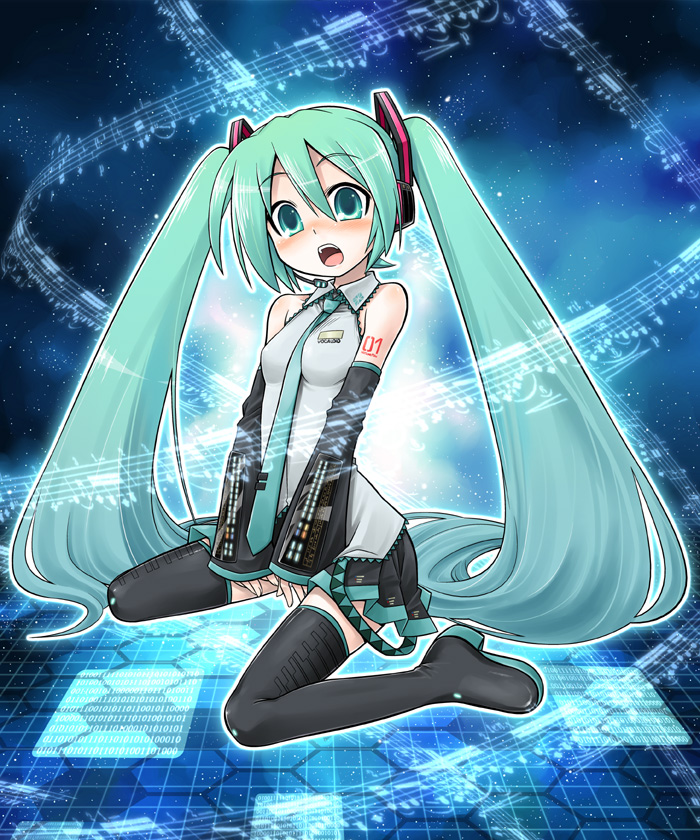 minami juujisei, hatsune miku, vocaloid, blue eyes, blue hair, blush, detached sleeves, kneeling, long hair, necktie, solo, thighhighs, twintails, very long hair