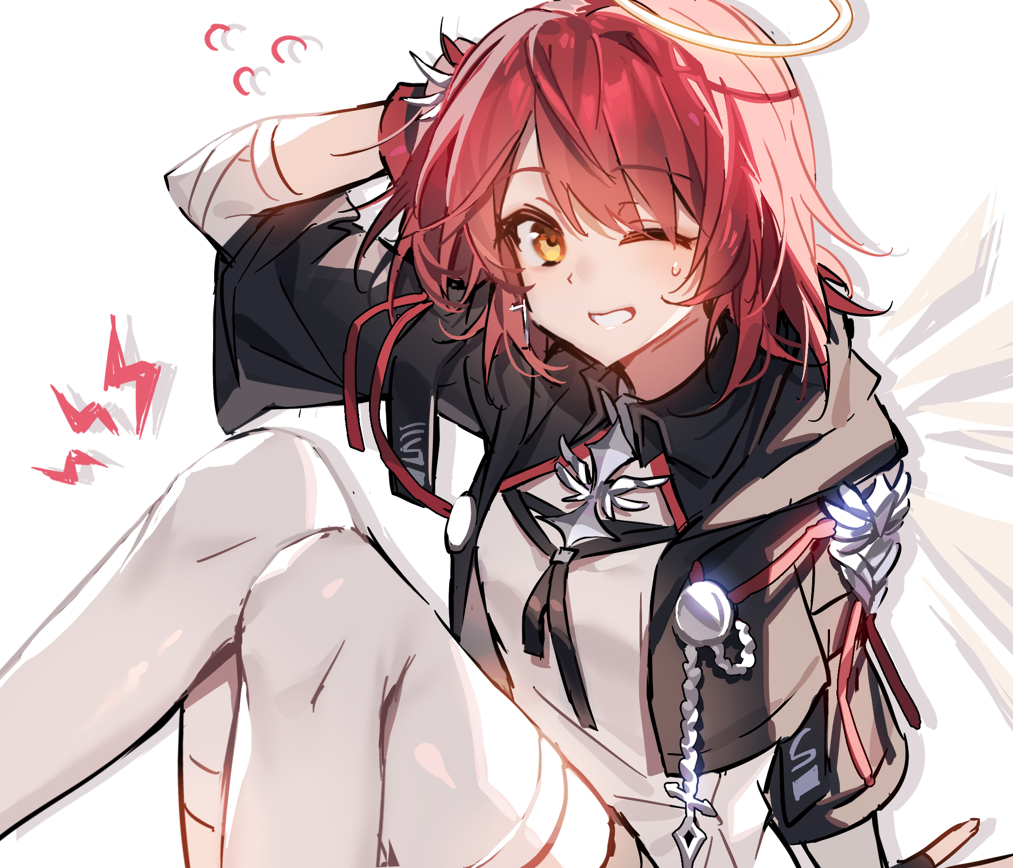 exusiai (arknights), exusiai the new covenant (arknights), arknights, chinese commentary, commentary request, highres, 1girl, arm behind head, black jacket, clumsy, drop shadow, fallen down, flying sweatdrops, grin, guan zhuang zhen ye lin, halo, jacket, lightning bolt symbol, looking at viewer, one eye closed, red hair, shirt, short hair, simple background, sitting, smile, solo, sweatdrop, thighhighs, traditional halo, white background, white shirt, white thighhighs, yellow eyes, yellow halo