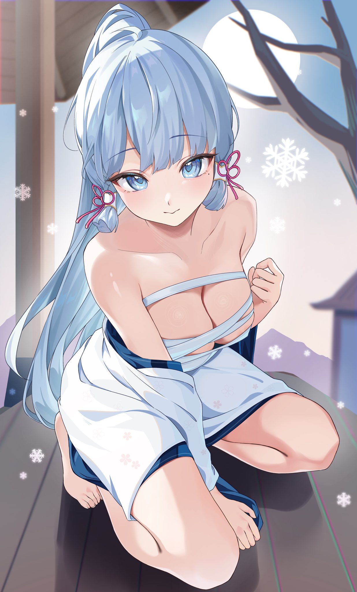 chobonu, ayaka (genshin impact), genshin impact, commentary request, highres, 1girl, blue eyes, blue hair, breasts, chest sarashi, cleavage, closed mouth, collarbone, full body, hand up, high ponytail, kneeling, long hair, looking at viewer, medium breasts, mole, mole under eye, ponytail, sarashi, sidelocks, snowflakes, solo, very long hair
