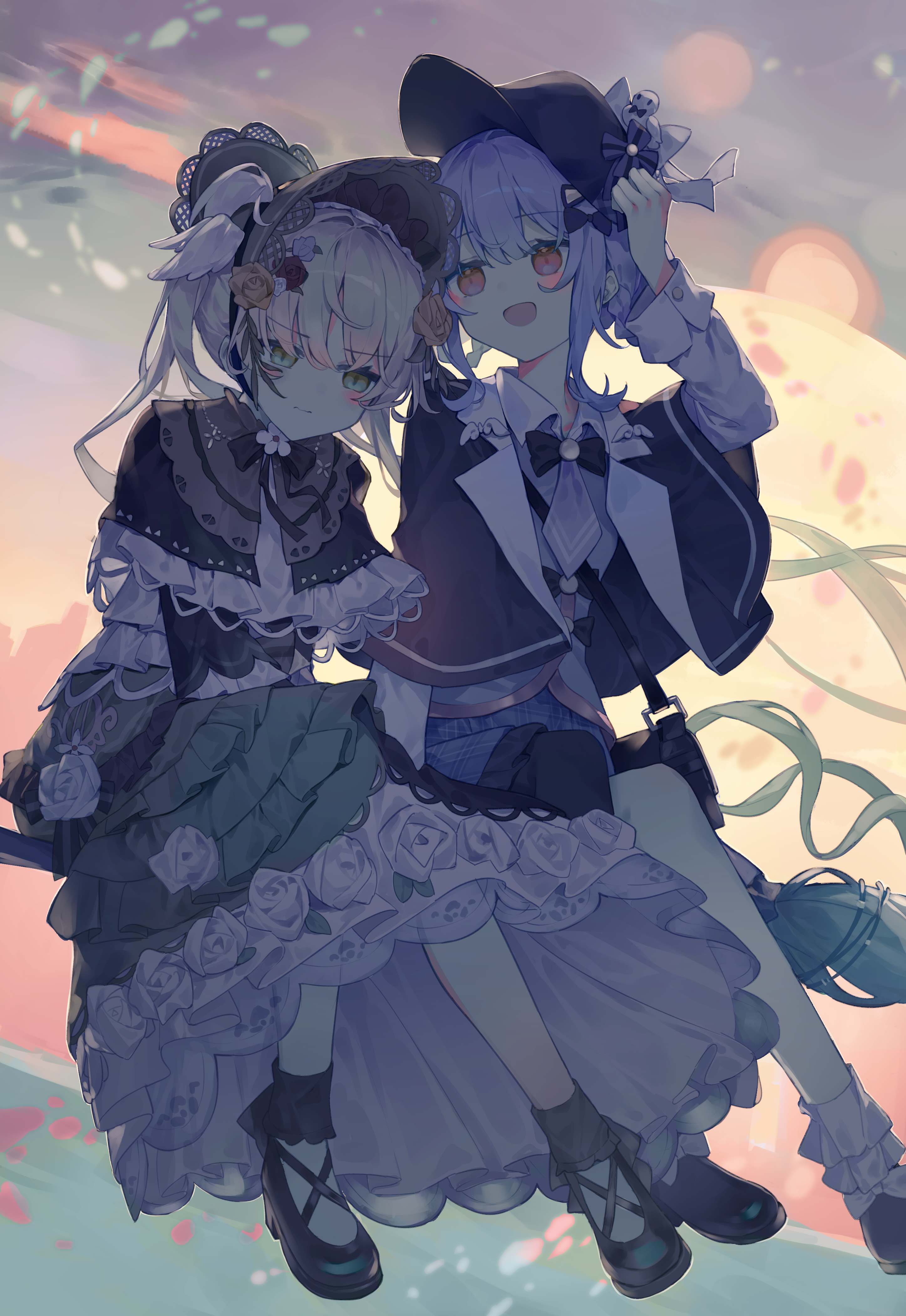 maidcode1023, tachibana sherry, toono hanna, mahou shoujo no majo saiban, absurdres, highres, 2girls, asymmetrical legwear, bag, bird hat ornament, black bag, black capelet, black flower, black pantyhose, black rose, black shoes, blonde hair, blue hair, blue necktie, blue skirt, blush, bobby socks, bonnet, braid, braided hair rings, broom, broom riding, capelet, deerstalker, detective, dress, flower, flower-trimmed dress, frilled bonnet, frilled dress, frills, green dress, green eyes, hair rings, hand on headwear, hat, lolita fashion, looking at another, looking down, magical girl, messenger bag, multiple girls, necktie, open mouth, pantyhose, plaid clothes, plaid skirt, rose, shoes, short hair, shoulder bag, single leg pantyhose, skirt, smile, socks, too many, too many frills, twintails, white flower, white rose, yellow eyes, yellow flower, yellow rose, yuri