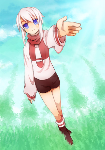 koucha, yoshitomo (koucha), bad id, bad pixiv id, blue eyes, necktie, shorts, smile, solo, white hair